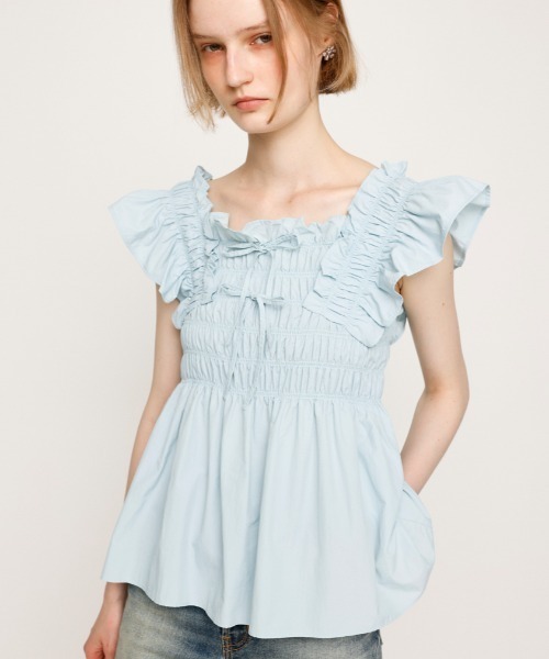 SLY（スライ）の「RIBBON ARM FRILL TOPS リボン アーム フリル トップス 夏服（シャツ/ブラウス・レディース・オフホワイト/ブラック/ライトブルー・FREE）」の21枚目の写真