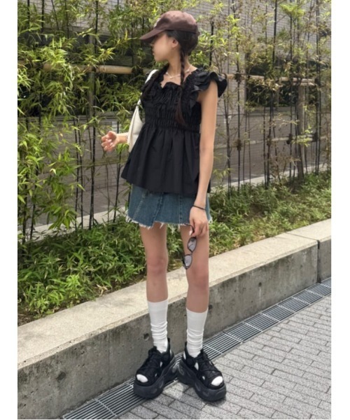 RIBBON ARM FRILL TOPS リボン アーム フリル トップス 夏服