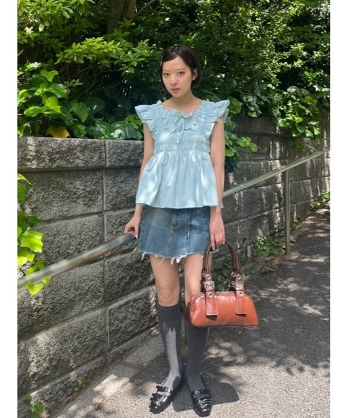 セール】RIBBON ARM FRILL TOPS リボン アーム フリル トップス 夏服