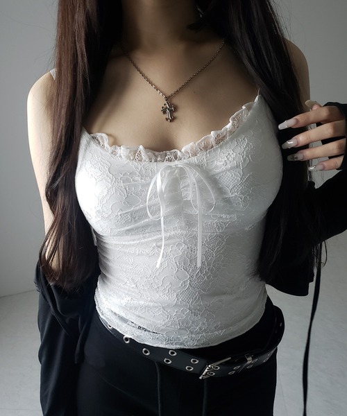 me+em select(ミームセレクト)の「【 2color 】フロントリボンレースレイヤードキャミソール / front ribbon lace layered camisole(キャミソール・レディース・ブラック/ホワイト・FREE)」の2枚目の写真