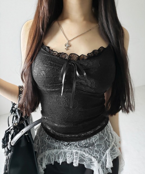 me+em select(ミームセレクト)の「【 2color 】フロントリボンレースレイヤードキャミソール / front ribbon lace layered camisole(キャミソール・レディース・ブラック/ホワイト・FREE)」の1枚目の写真