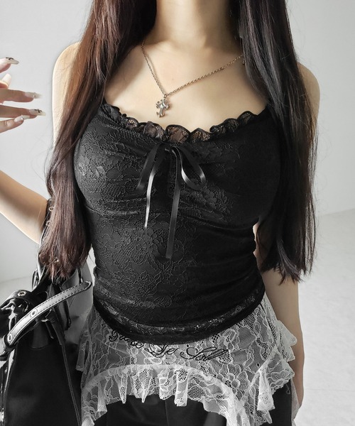 me+em select(ミームセレクト)の「【 2color 】フロントリボンレースレイヤードキャミソール / front ribbon lace layered camisole(キャミソール・レディース・ブラック/ホワイト・FREE)」の4枚目の写真