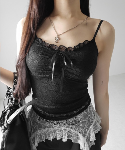 me+em select(ミームセレクト)の「【 2color 】フロントリボンレースレイヤードキャミソール / front ribbon lace layered camisole(キャミソール・レディース・ブラック/ホワイト・FREE)」の6枚目の写真