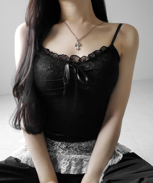 me+em select(ミームセレクト)の「【 2color 】フロントリボンレースレイヤードキャミソール / front ribbon lace layered camisole(キャミソール・レディース・ブラック/ホワイト・FREE)」の8枚目の写真
