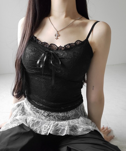 me+em select(ミームセレクト)の「【 2color 】フロントリボンレースレイヤードキャミソール / front ribbon lace layered camisole(キャミソール・レディース・ブラック/ホワイト・FREE)」の7枚目の写真