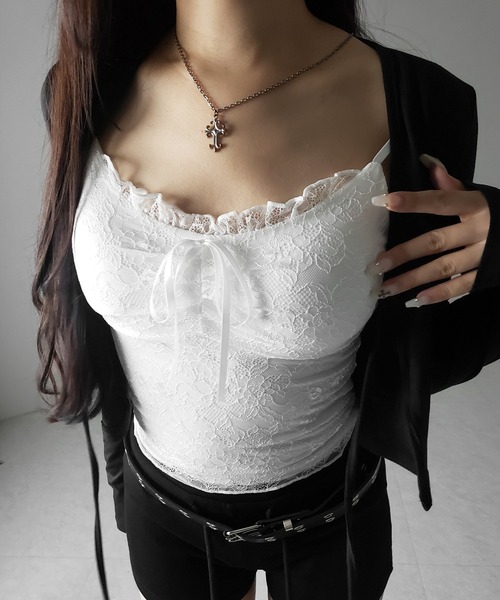 me+em select(ミームセレクト)の「【 2color 】フロントリボンレースレイヤードキャミソール / front ribbon lace layered camisole(キャミソール・レディース・ブラック/ホワイト・FREE)」の18枚目の写真
