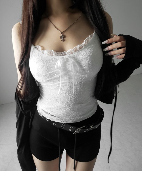 me+em select(ミームセレクト)の「【 2color 】フロントリボンレースレイヤードキャミソール / front ribbon lace layered camisole(キャミソール・レディース・ブラック/ホワイト・FREE)」の19枚目の写真
