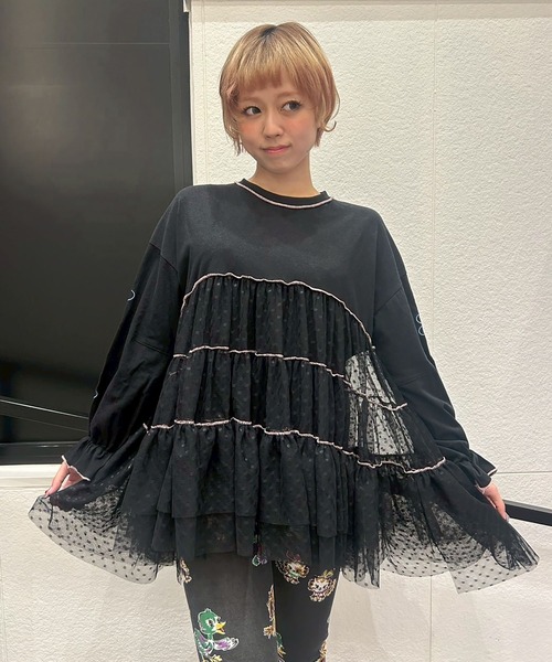 KawaeKayo(カワエカヨ)の「キティチュニックロンT(Tシャツ/カットソー・レディース・ブラック/ホワイト/ラベンダー・FREE)」の1枚目の写真