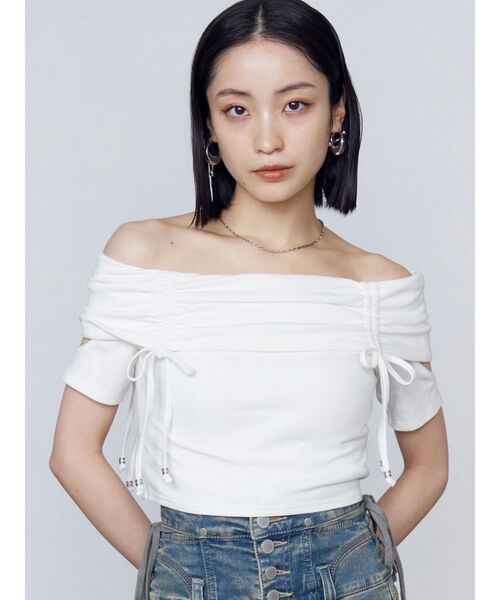 セール】ギャザーオフショルダーリボントップ（Tシャツ