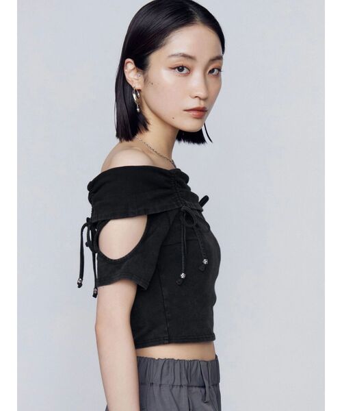 セール】ギャザーオフショルダーリボントップ（Tシャツ