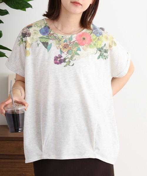 mamico　Misha & Puff フラワープリントTシャツ myke 衿ぐりアンティークフラワープリントタックTシャツ（T