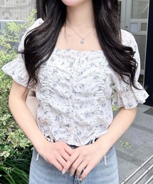 花柄ドロストオフショルブラウス