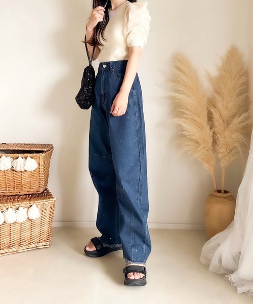 merrylatte（メリーラテ）の「カーブデニムラインストーンパンツ（デニムパンツ・レディース・ネイビー・SMALL）」の6枚目の写真