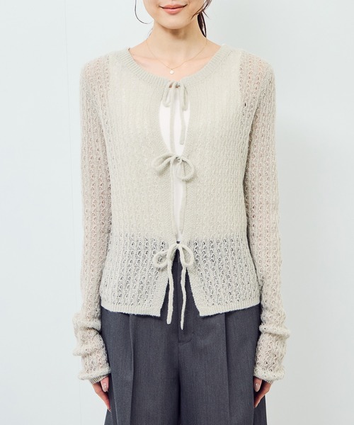 レース編みクリーム色カーディガン クロシェ編みロングスリーブカーディガン レーストップス カーディガン