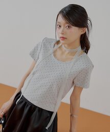 ドットプリントレースチョーカー付Tシャツ