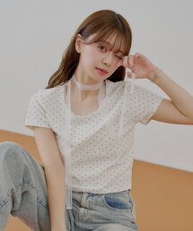 ドットプリントレースチョーカー付Tシャツ