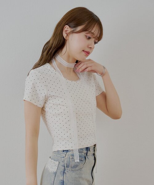 Chico(チコ)の「ドットプリントレースチョーカー付Tシャツ(Tシャツ/カットソー・レディース・ホワイト/ブラウン/ブラック/グレー・FREE)」の10枚目の写真