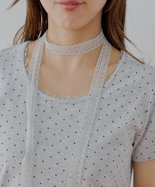 セール】ドットプリントレースチョーカー付Tシャツ（Tシャツ