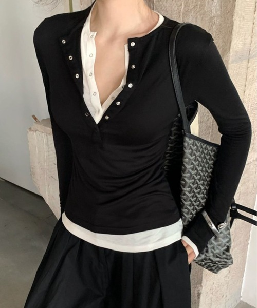 LYEON（リヨン）の「ボタンレイヤードカットソー（Tシャツ/カットソー・レディース・ブラック/グレー・FREE）」の7枚目の写真