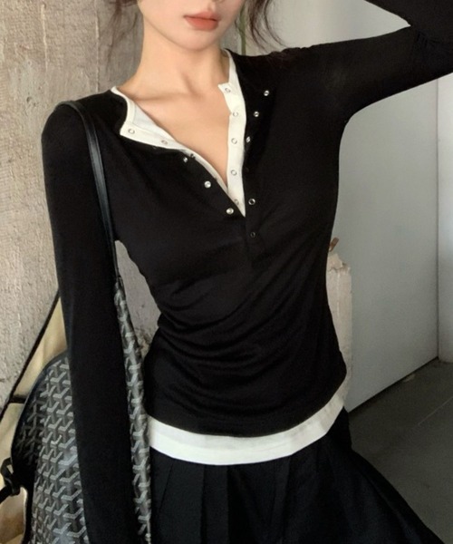 LYEON（リヨン）の「ボタンレイヤードカットソー（Tシャツ/カットソー・レディース・ブラック/グレー・FREE）」の10枚目の写真