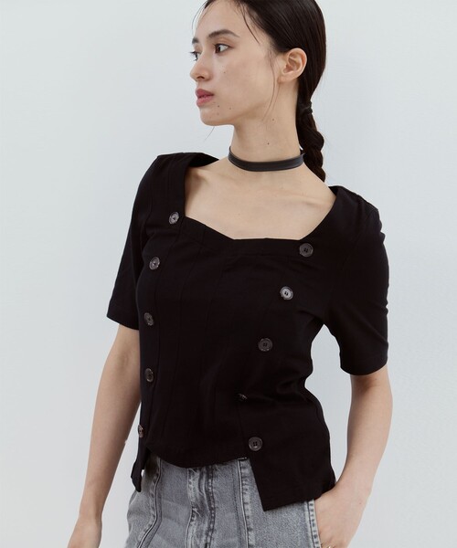 YOHEI OHNO（ヨウヘイオオノ）の「【YOHEI OHNO/ヨウヘイオオノ】《STUDIOUS別注》Stomacher Tshirt/カットソー/Tシャツ（Tシャツ/カットソー・レディース・ブラック/グレー・36）」の2枚目の写真