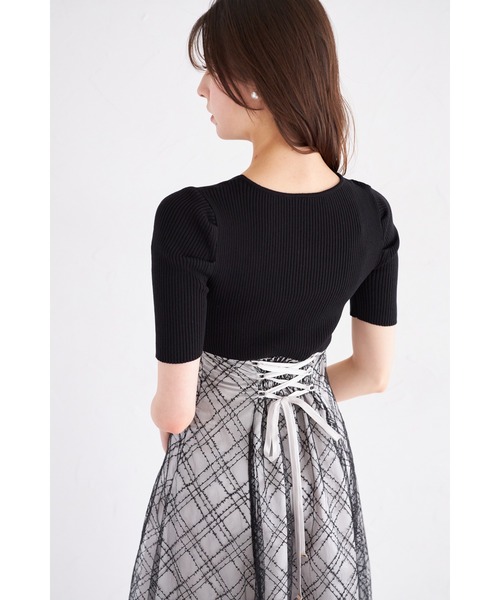 tocco closet(トッコ クローゼット)の「リブニット×スパンコールシアーチェックバックレースアップドッキングワンピース(ワンピース・レディース・オフホワイト/ブラック・M)」の6枚目の写真