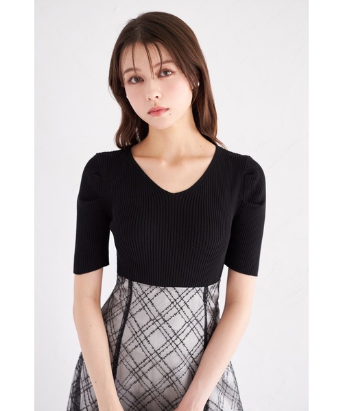 tocco closet(トッコ クローゼット)の「リブニット×スパンコールシアーチェックバックレースアップドッキングワンピース(ワンピース・レディース・オフホワイト/ブラック・M)」の5枚目の写真