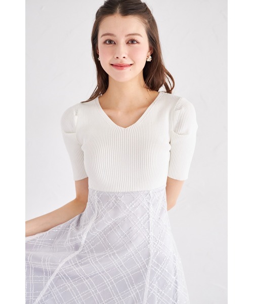 新品未使用　tocco closet ホワイト リブニット×スパンコールシアーチェックバックレースアップ