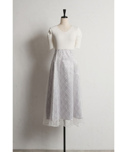 tocco closet(トッコ クローゼット)の「リブニット×スパンコールシアーチェックバックレースアップドッキングワンピース(ワンピース・レディース・オフホワイト/ブラック・M)」の15枚目の写真
