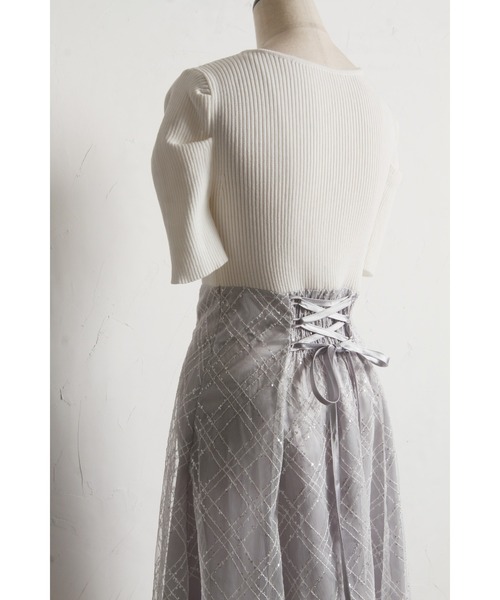 tocco closet(トッコ クローゼット)の「リブニット×スパンコールシアーチェックバックレースアップドッキングワンピース(ワンピース・レディース・オフホワイト/ブラック・M)」の18枚目の写真
