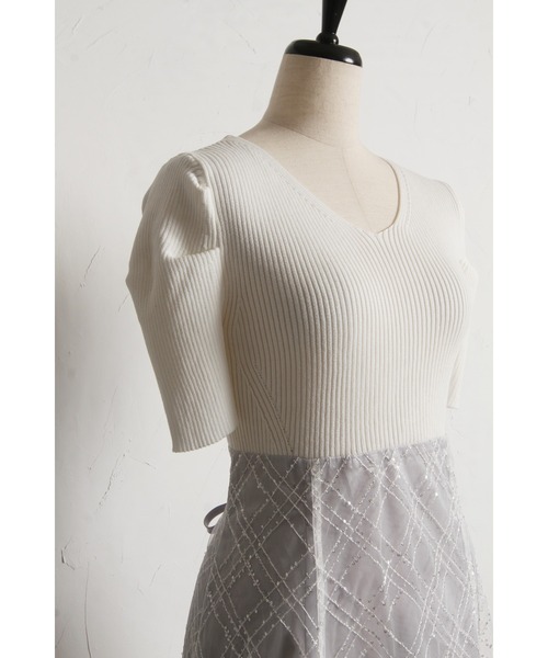 tocco closet(トッコ クローゼット)の「リブニット×スパンコールシアーチェックバックレースアップドッキングワンピース(ワンピース・レディース・オフホワイト/ブラック・M)」の21枚目の写真
