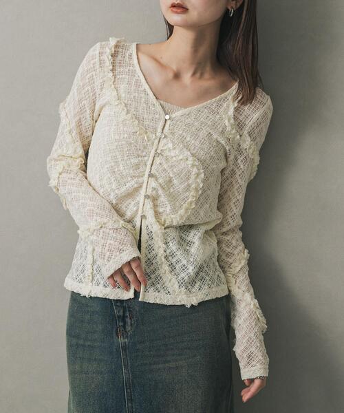 SENSE OF PLACE by URBAN RESEARCH（センスオブプレイスバイアーバンリサーチ）の「フロントボタンレースカーディガン（カーディガン/ボレロ・レディース・ベージュ/ブラウン/ブラック/アイボリー・ONE）」の2枚目の写真