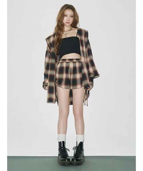 セール】フードチェックオーバーサイズシャツ【セットアップ着用可能