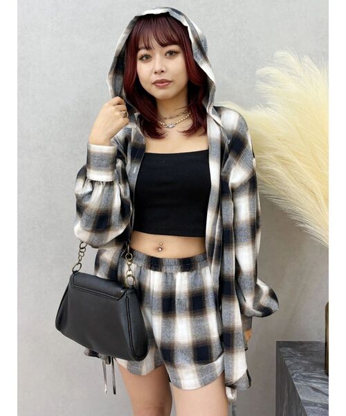 セール】フードチェックオーバーサイズシャツ【セットアップ着用可能