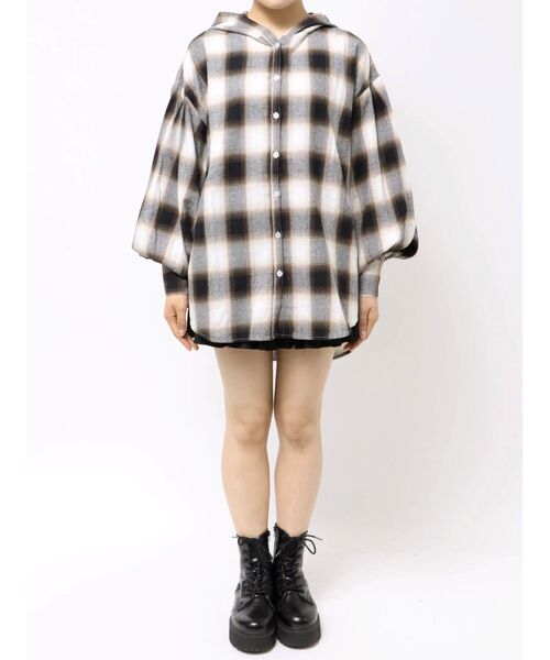 セール】フードチェックオーバーサイズシャツ【セットアップ着用可能