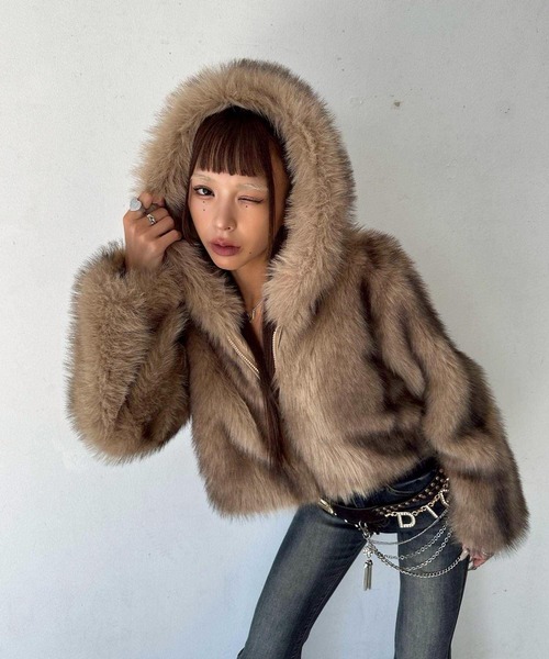 セール】フェイクファー ジップパーカー フーディ― ブルゾン（ブルゾン