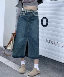 フロントスリット 切り替えフリンジデニムスカート