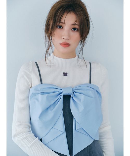 FURFUR（ファーファー）の「【限定カラー】リボン刺繍リブニットトップス（ニット/セーター・レディース・イエロー/レッド/ブラック/ホワイト・F）」の2枚目の写真