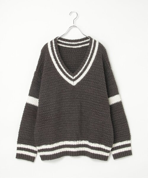 notch.（ノッチ）の「オーバーサイズチルデンニット（ニット/セーター・レディース・チャコール/オフホワイト/グレー・M）」の10枚目の写真