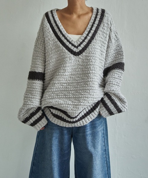 notch.（ノッチ）の「オーバーサイズチルデンニット（ニット/セーター・レディース・チャコール/オフホワイト/グレー・M）」の3枚目の写真