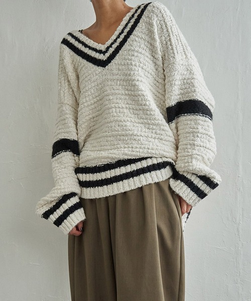 notch.（ノッチ）の「オーバーサイズチルデンニット（ニット/セーター・レディース・チャコール/オフホワイト/グレー・M）」の2枚目の写真