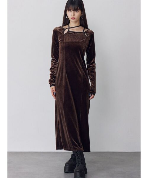 美品 ハウスオブロータス ティアード ベロア ワンピース ロング ブラウン M 新品 ベロアワンピース ブラウンの通販 by hs shop｜ラクマ