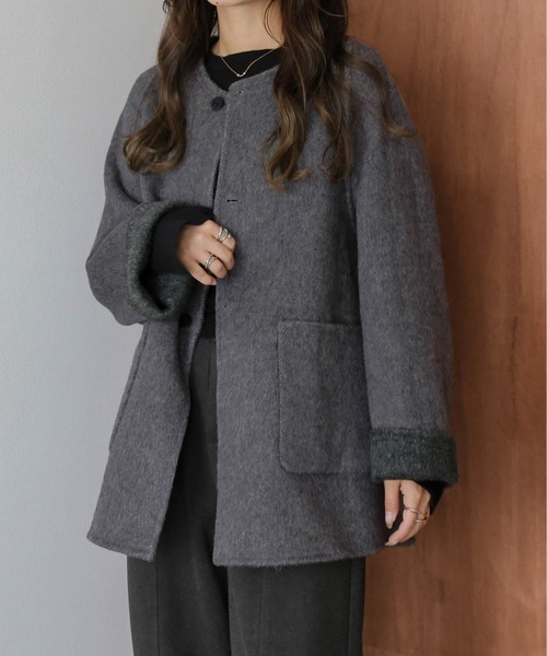 SUGAR BISKET（シュガービスケット）の「リバーシブルノーカラーコート（ノーカラーコート・レディース・カーキブラウン/グレー/ブルー・フリー）」の2枚目の写真