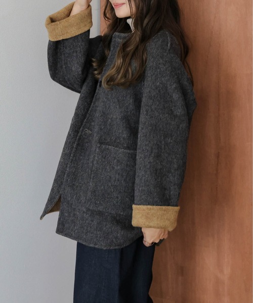 SUGAR BISKET（シュガービスケット）の「リバーシブルノーカラーコート（ノーカラーコート・レディース・カーキブラウン/グレー/ブルー・フリー）」の11枚目の写真