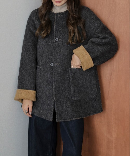 SUGAR BISKET（シュガービスケット）の「リバーシブルノーカラーコート（ノーカラーコート・レディース・カーキブラウン/グレー/ブルー・フリー）」の14枚目の写真