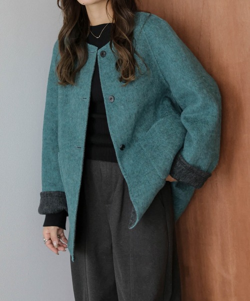 SUGAR BISKET（シュガービスケット）の「リバーシブルノーカラーコート（ノーカラーコート・レディース・カーキブラウン/グレー/ブルー・フリー）」の17枚目の写真