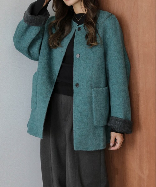 SUGAR BISKET（シュガービスケット）の「リバーシブルノーカラーコート（ノーカラーコート・レディース・カーキブラウン/グレー/ブルー・フリー）」の18枚目の写真