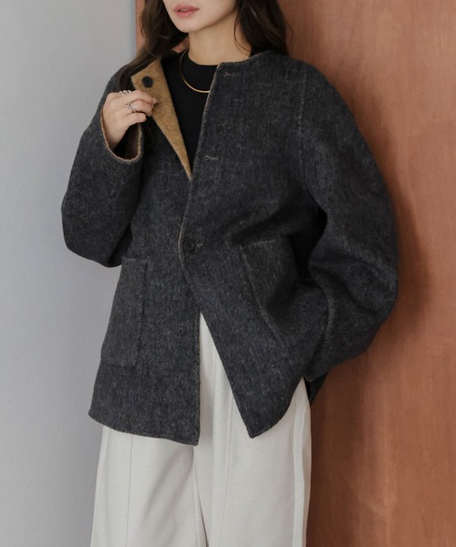 SUGAR BISKET（シュガービスケット）の「リバーシブルノーカラーコート（ノーカラーコート・レディース・カーキブラウン/グレー/ブルー・フリー）」の15枚目の写真