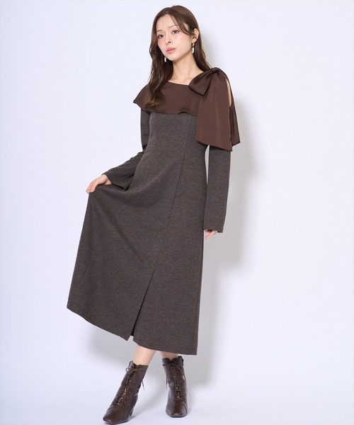 AND COUTURE(アンドクチュール)の「ショルダーリボンカットソーワンピース(ワンピース・レディース・ブラウン/ベージュ/チャコールグレー・FREE)」の15枚目の写真