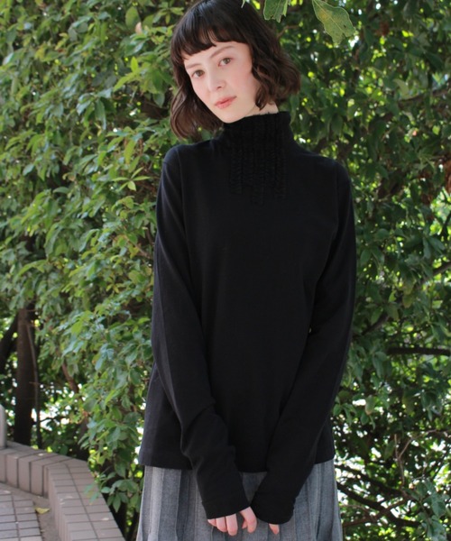 H.A.K（ハク）の「コンパクトソフトベア天竺＋ハイゲージチュールフリルタートルカットソー（Tシャツ/カットソー・レディース・杢グレー/ブラック/ライトグリーン・FREE）」の5枚目の写真